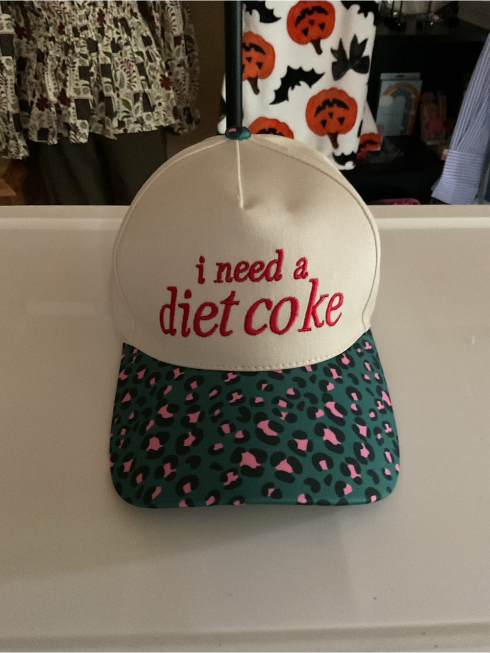 Zenana Outfitters Cream Cap with Pink Embroidered Text and Teal Leopard Brim